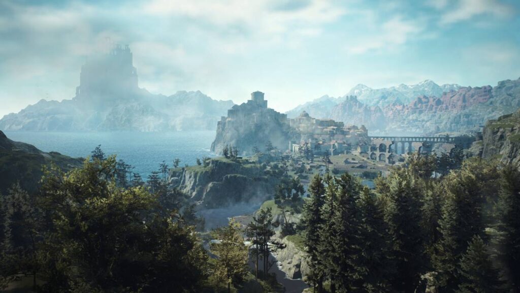 Große Stadt in Dragon’s Dogma 2 und Landschaft sowie Meer.