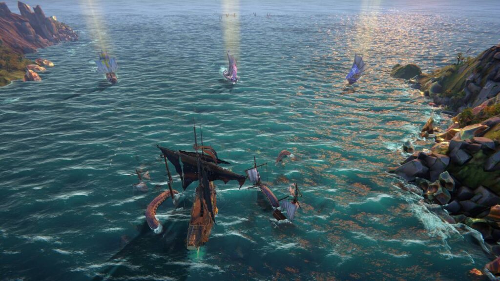 Die besten Piratenspiele 2026 zeigen Rogue Waters mit Schiff im Kampf gegen ein Seeungeheuer in Küstennähe