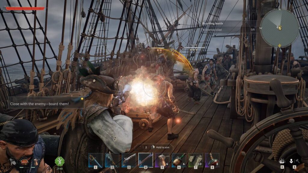 Windrose zeigt eine intensive Enter-Szene auf einem Piratenschiff mit Schusswechsel und Nahkampf