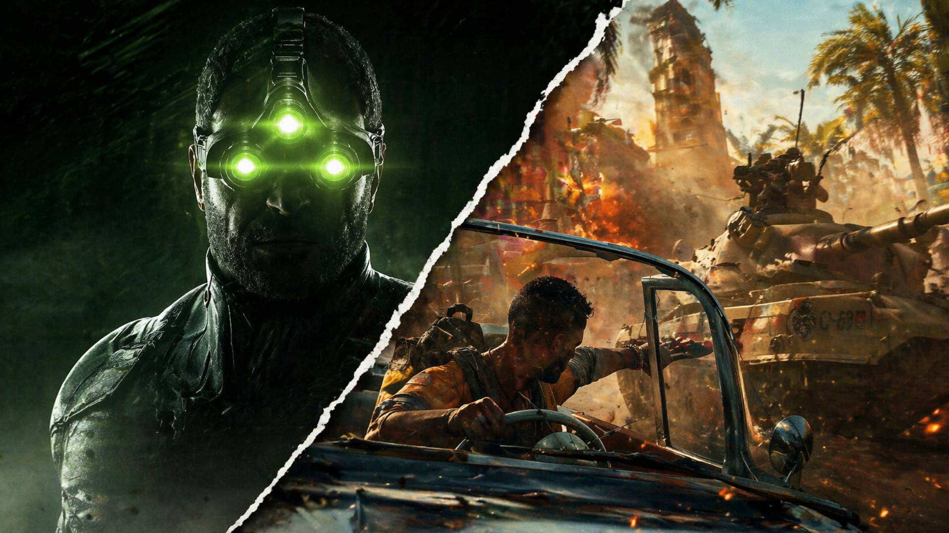 Splinter Cell und Far Cry 6 Collage mit Sam Fisher und Actionszene