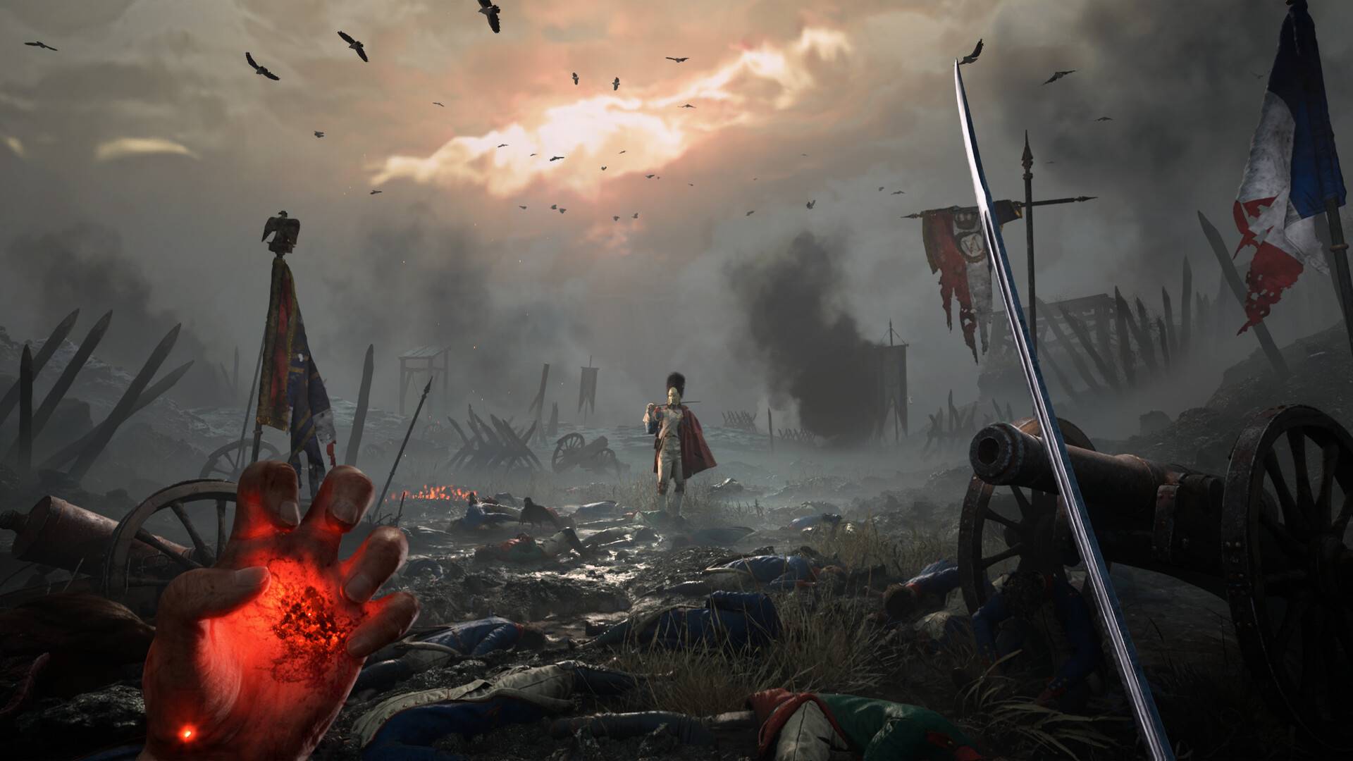 Valor Mortis zeigt Schlachtfeld im 19. Jahrhundert mit Ego-Perspektive, Säbel und düsterer Atmosphäre