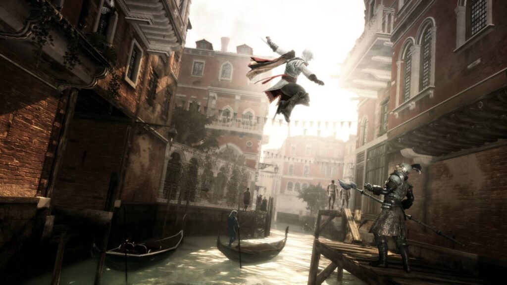 Assassin’s Creed 2 zeigt Ezio Auditore bei einem spektakulären Sprung über die Kanäle von Venedig während bewaffnete Gegner auf ihn warten
