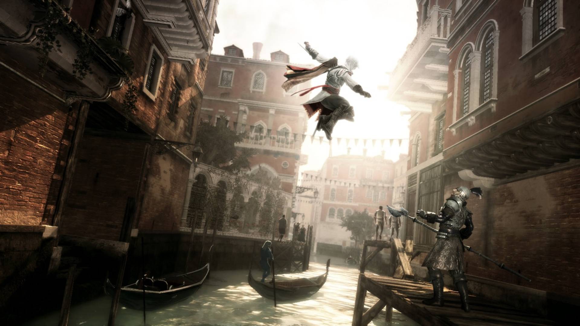 Assassin’s Creed 2 zeigt Ezio Auditore bei einem spektakulären Sprung über die Kanäle von Venedig während bewaffnete Gegner auf ihn warten