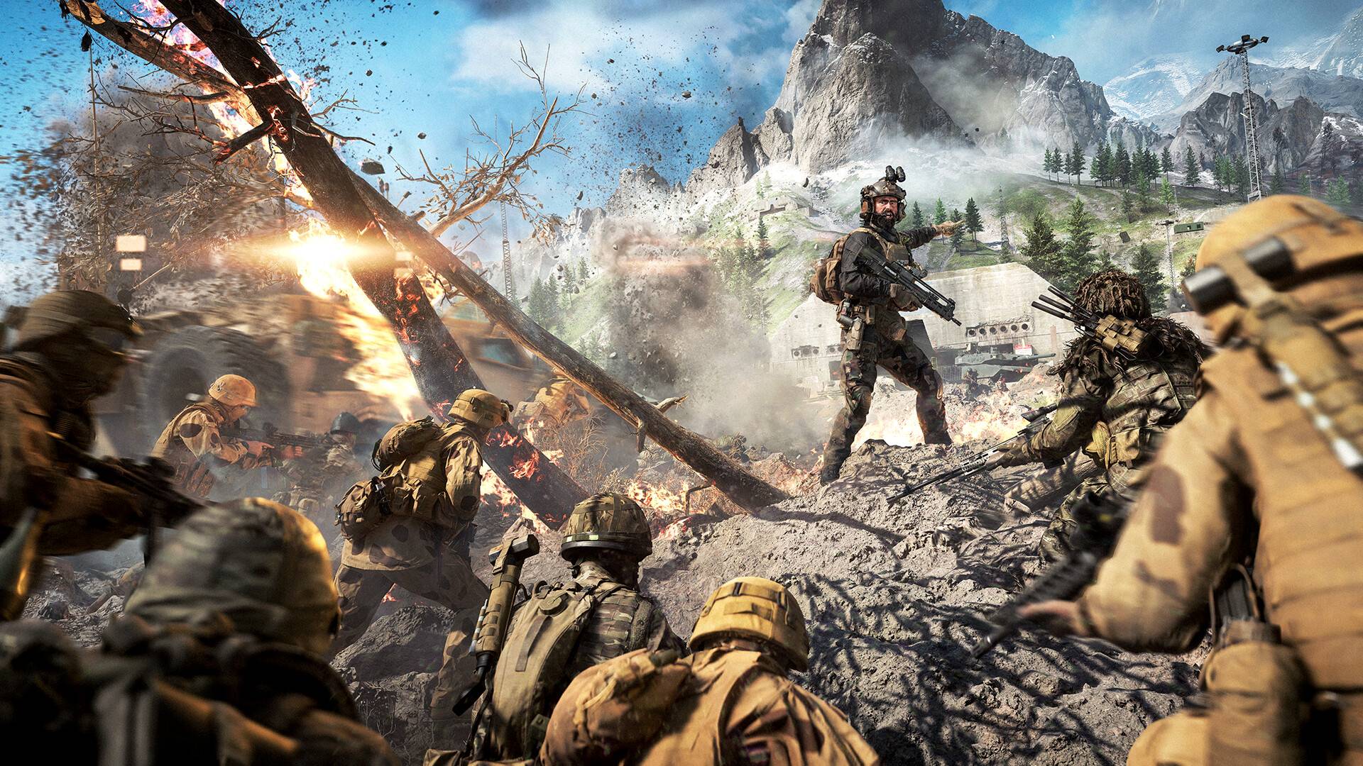Battlefield 6 zeigt intensives Gefecht mit Soldaten in bergiger Landschaft, Explosionen und zerstörter Umgebung