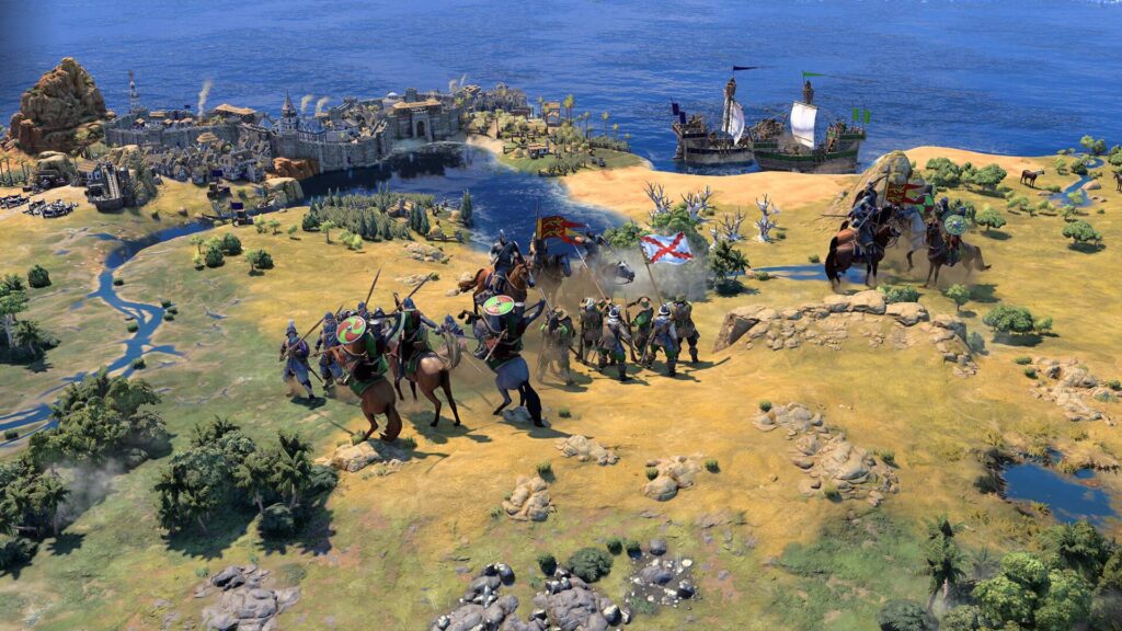 Einheiten und Schiffe in Civilization 7 erkunden eine Küstenregion mit Stadt, Meer und Reitern im Hintergrund.