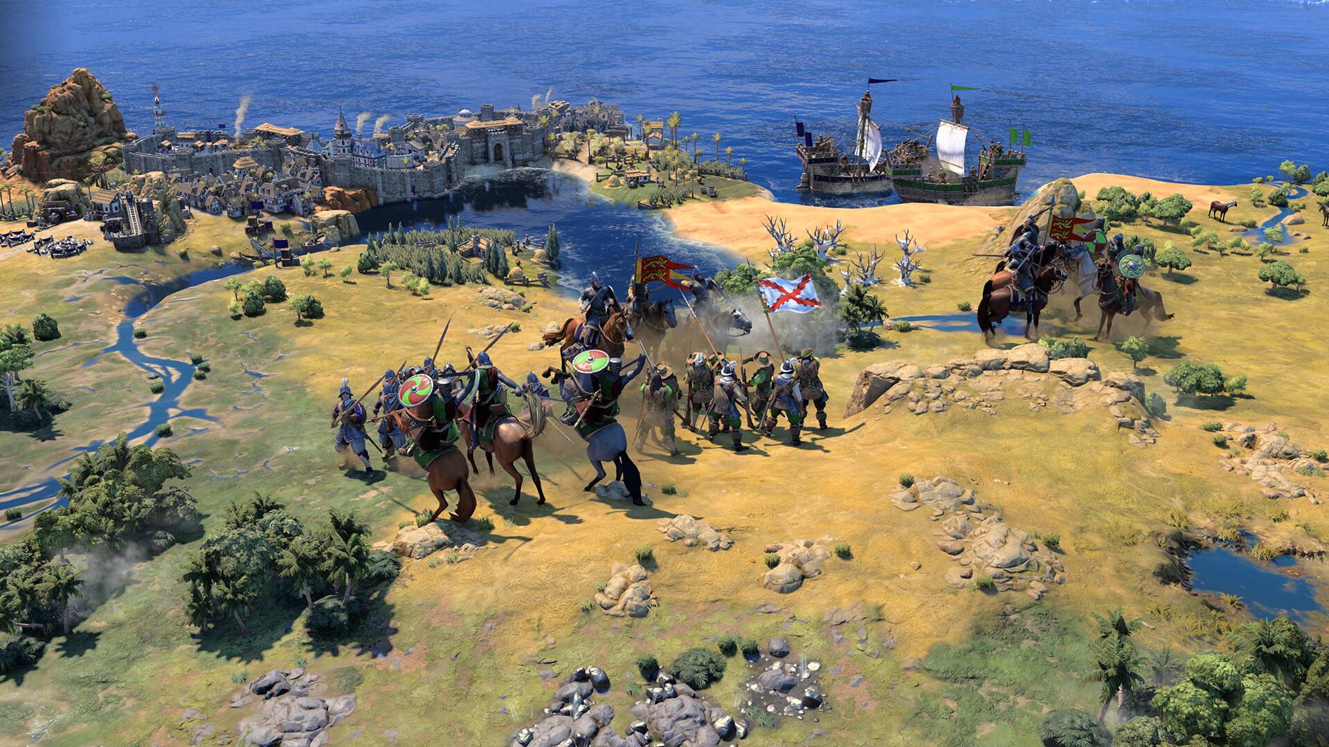 Einheiten und Schiffe in Civilization 7 erkunden eine Küstenregion mit Stadt, Meer und Reitern im Hintergrund.