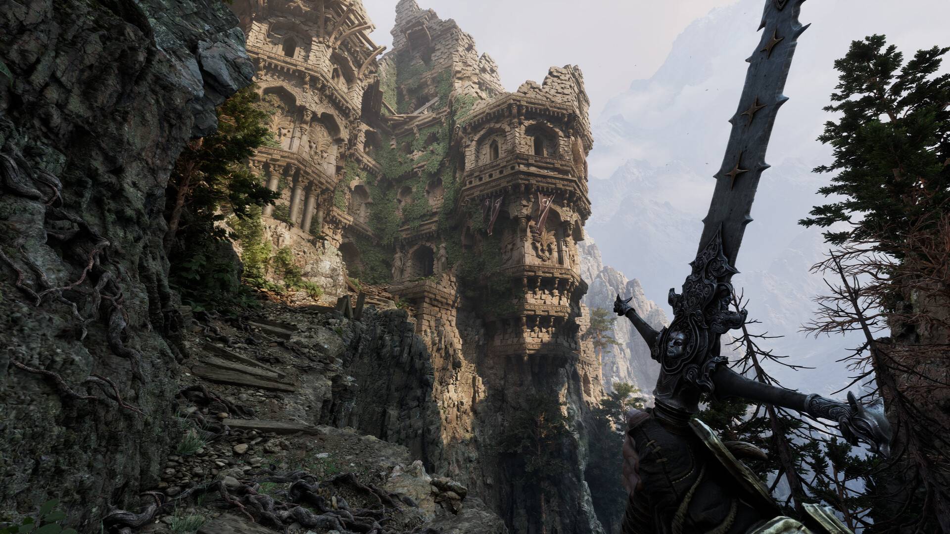 Fatekeeper zeigt eine verfallene Festung in den Bergen aus der First-Person-Perspektive mit Schwert im Vordergrund.