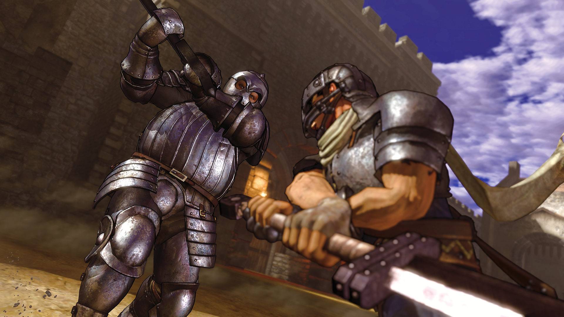 Berserk and the Band of the Hawk zeigt Guts im Duell gegen einen gepanzerten Ritter innerhalb einer mittelalterlichen Festung.