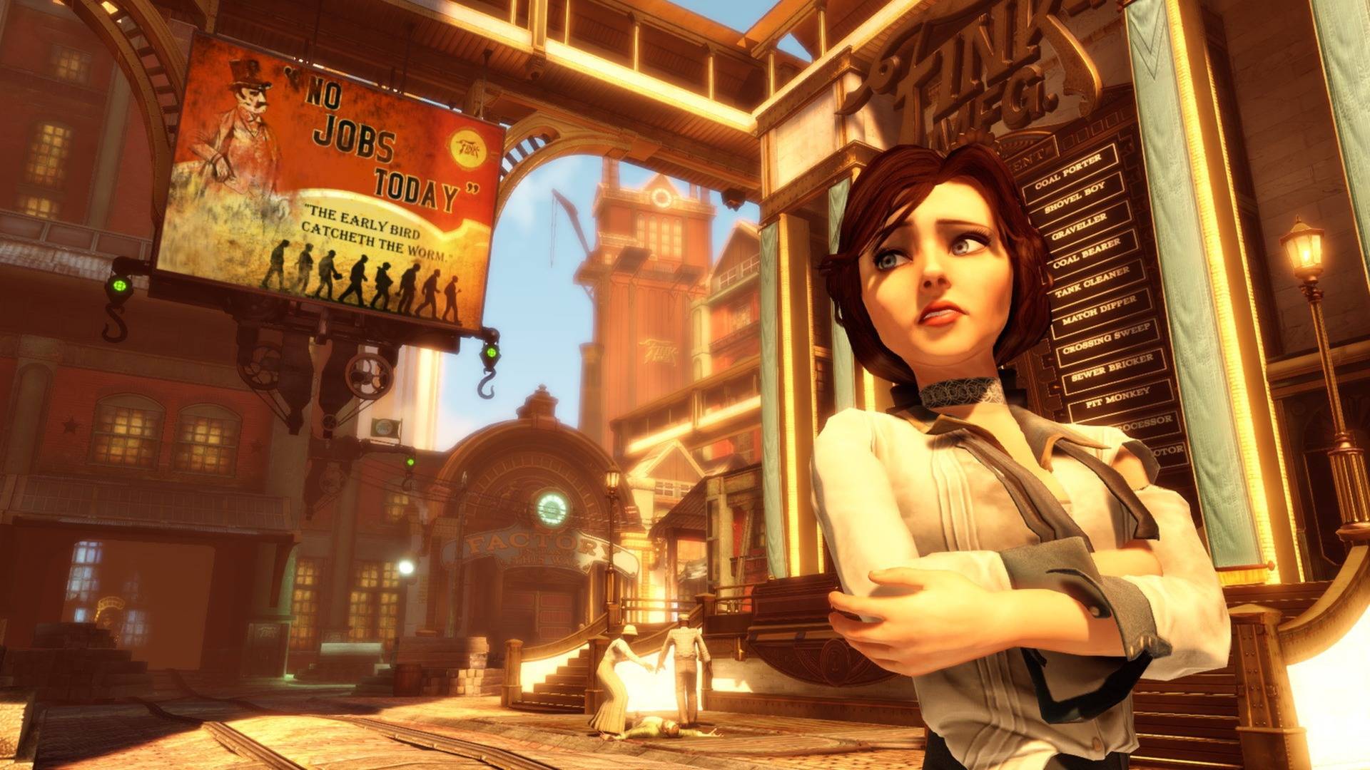 BioShock Infinite zeigt Elizabeth in futuristischer Stadt mit Propaganda-Plakaten und industrieller Atmosphäre
