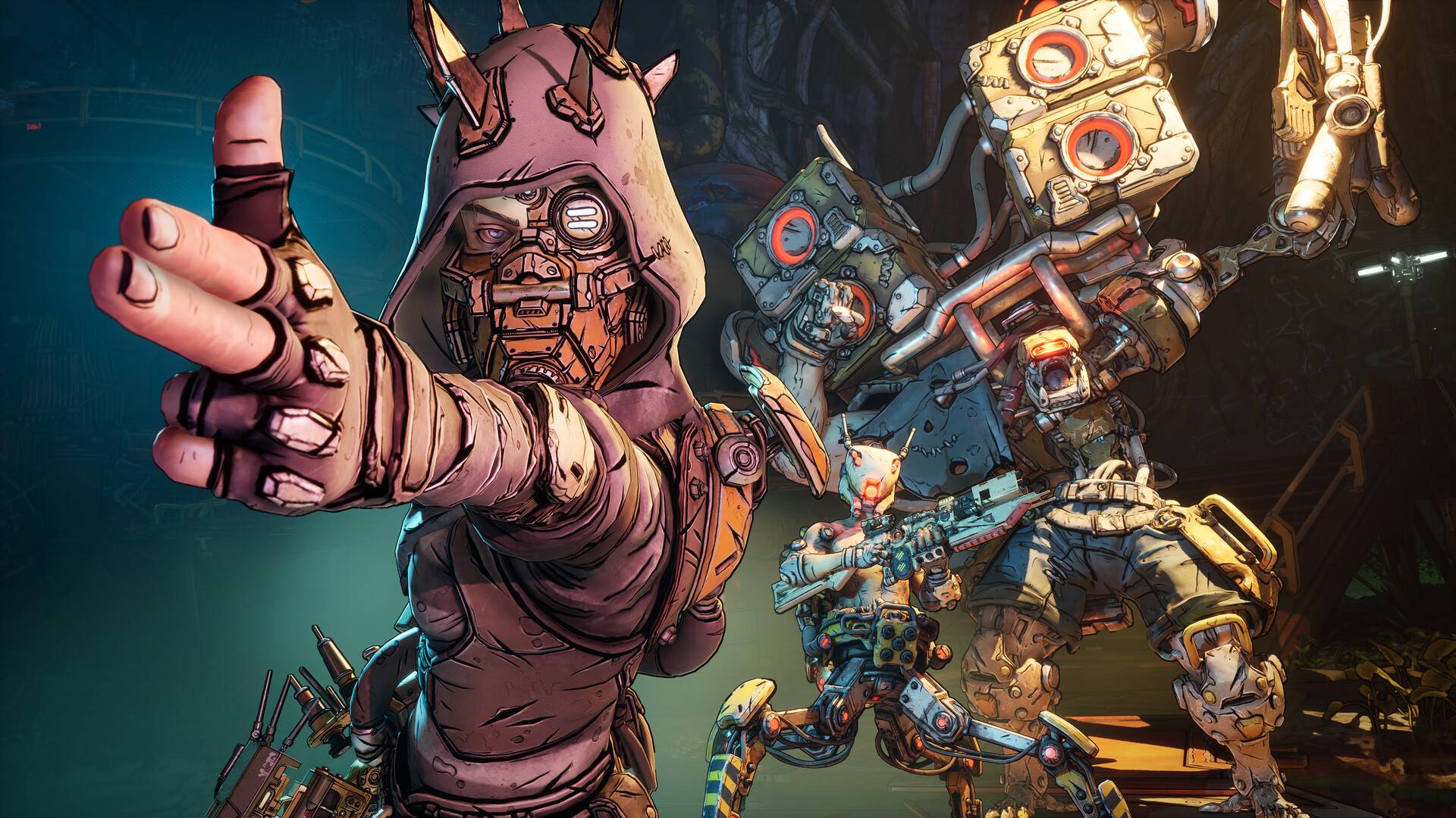 Borderlands 4 zeigt maskierten Kämpfer und bewaffnete Roboter im typischen Comic-Stil der Reihe