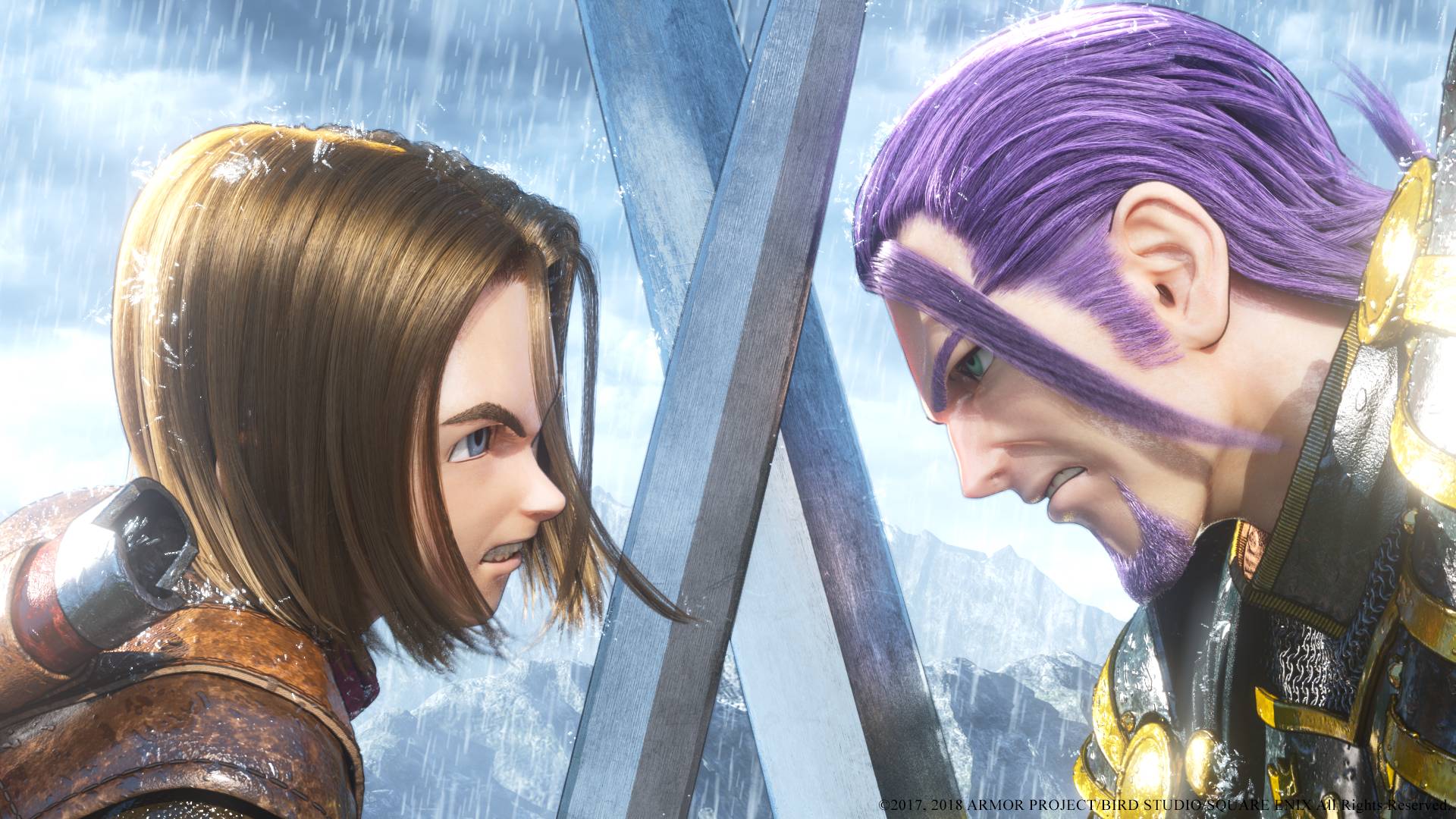 Dragon Quest XI zeigt Schwertduell zwischen Held und Gegner im Regen vor bergiger Kulisse