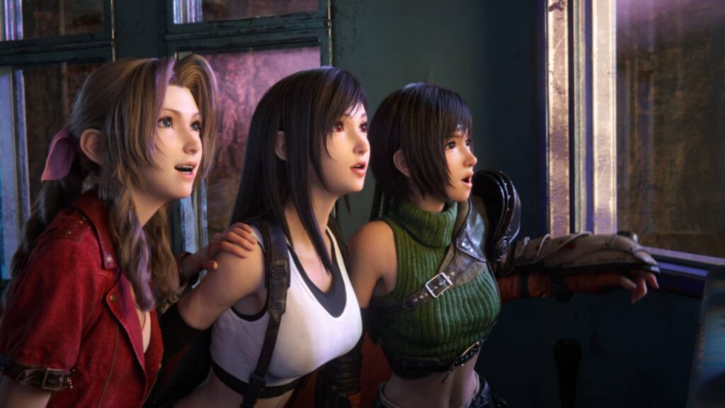 Final Fantasy VII Rebirth zeigt Aerith, Tifa und Yuffie mit staunenden Blicken in einer Zugszene.