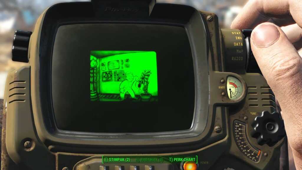 Fallout 4 zeigt Pip-Boy mit laufendem Spiel auf dem Bildschirm im ikonischen Retro-Futurismus der Reihe