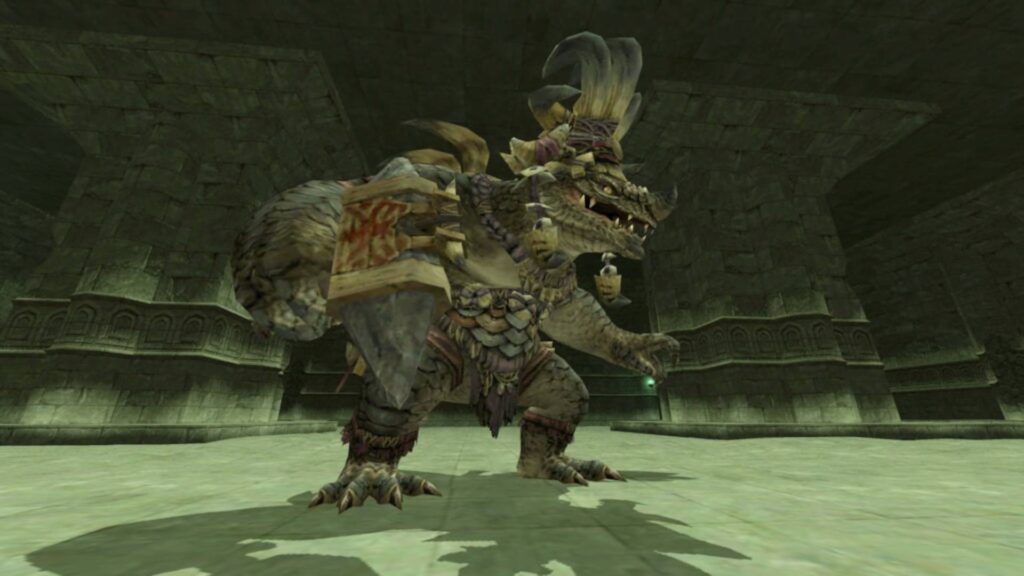 Großes Monster in Final Fantasy 11 steht in einem dunklen steinernen Dungeon.