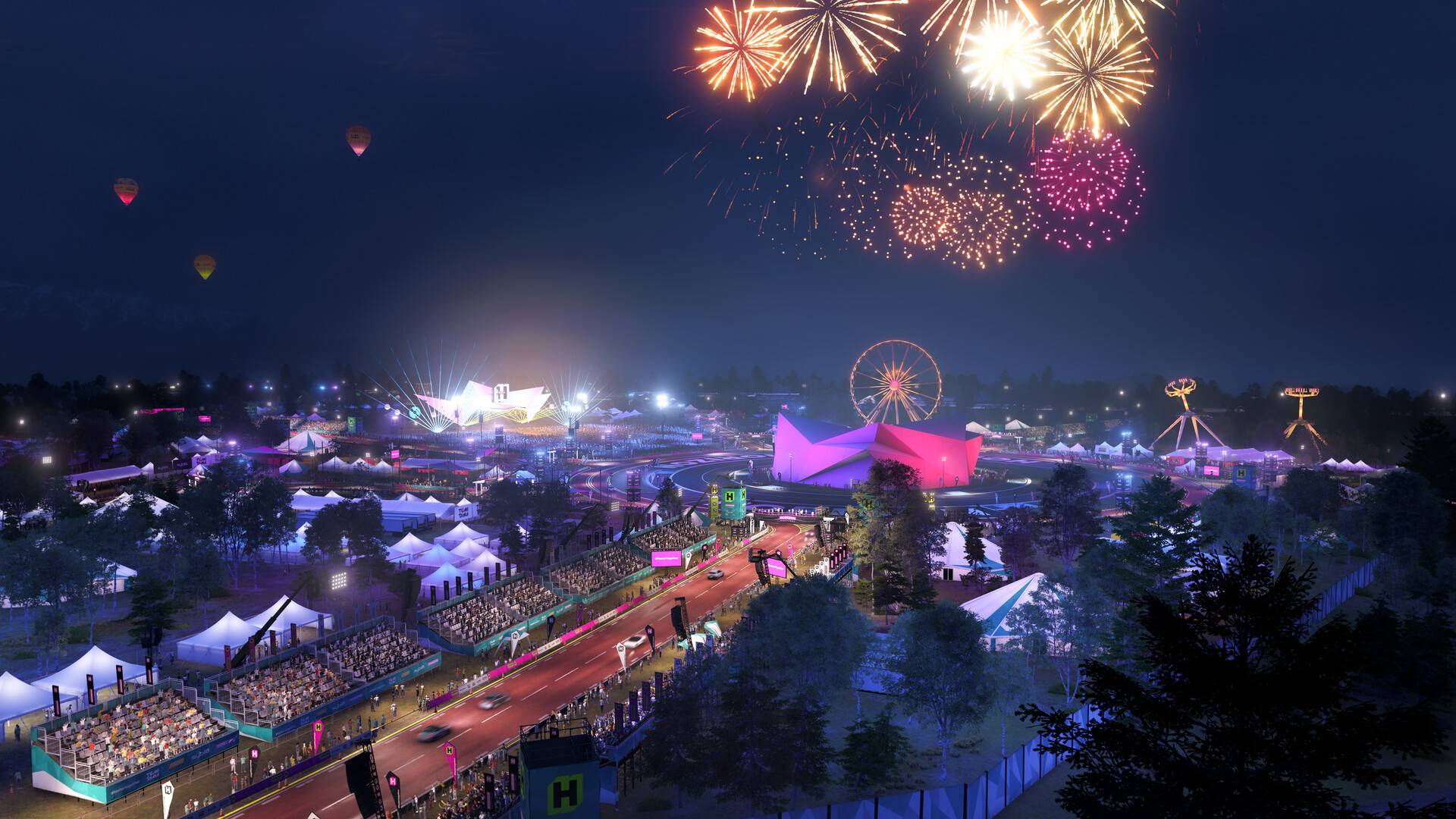 Forza Horizon 6 zeigt ein nächtliches Festival mit Feuerwerk und Rennstrecke
