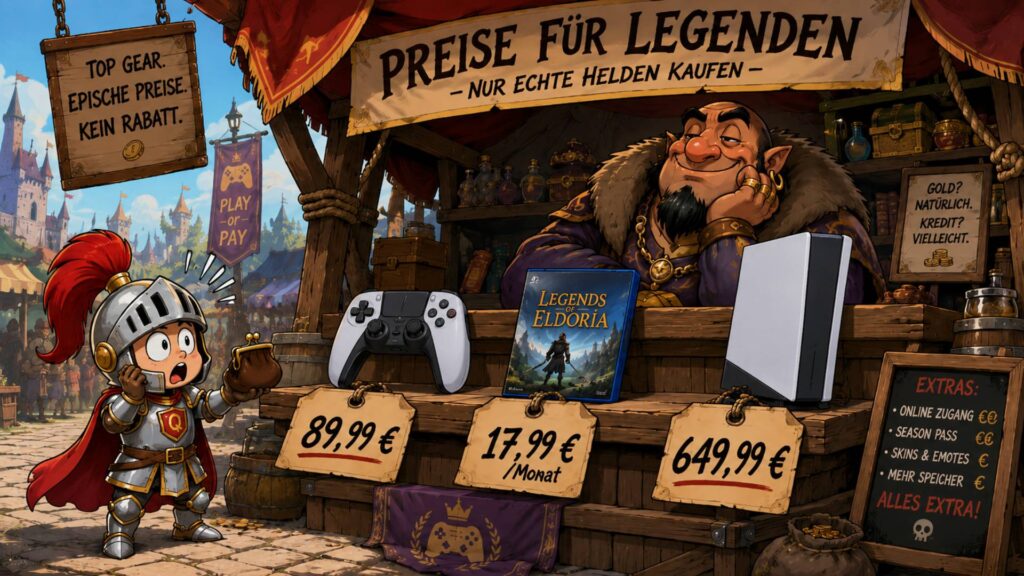 Quest-Knight steht erschrocken vor teuren Gaming-Produkten auf einem Fantasy-Markt