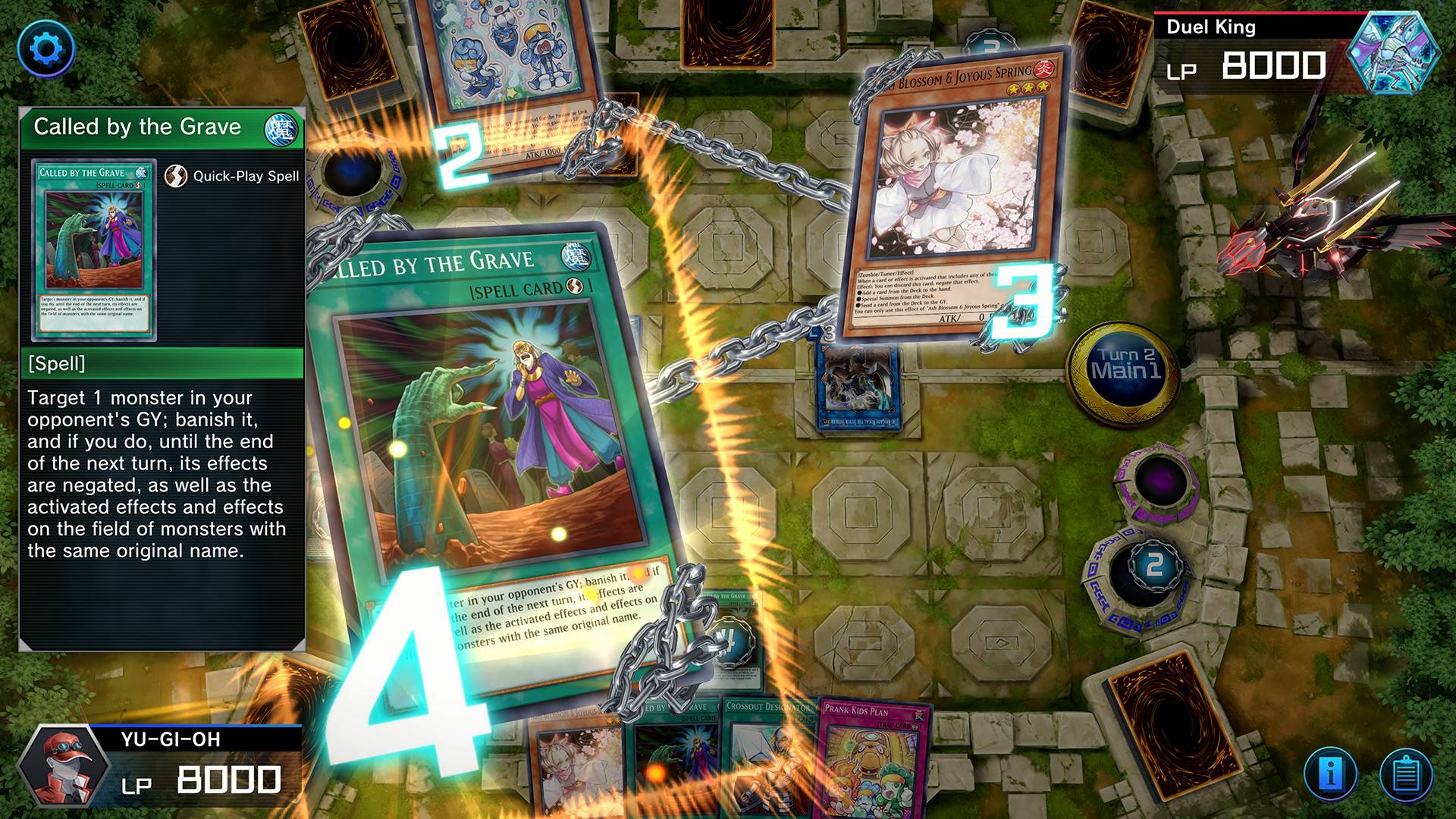 Duellfeld in Yu-Gi-Oh! Master Duel mit einer Kettenreaktion zwischen Vom Grab gerufen und Aschenblüte