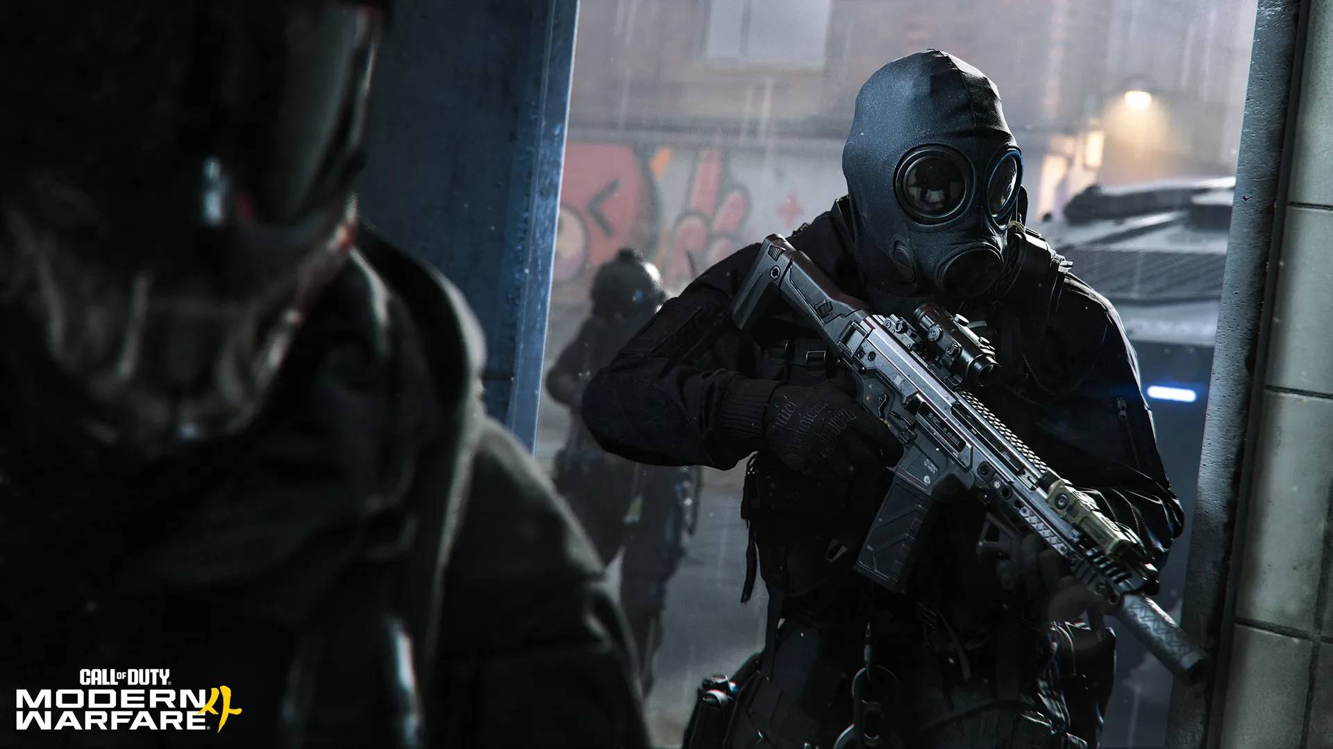 Maskierter Soldat mit Gewehr bewegt sich in Call of Duty: Modern Warfare 4 durch einen düsteren Stadteinsatz.