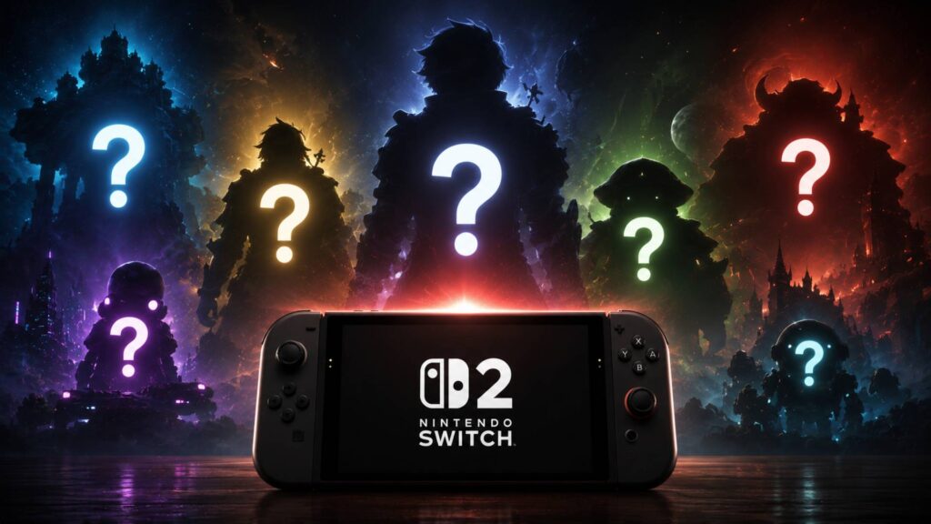 Stilisiertes Bild einer Switch-2-Konsole mit leuchtenden Fragezeichen und geheimnisvollen Silhouetten für mögliche kommende Nintendo-Spiele