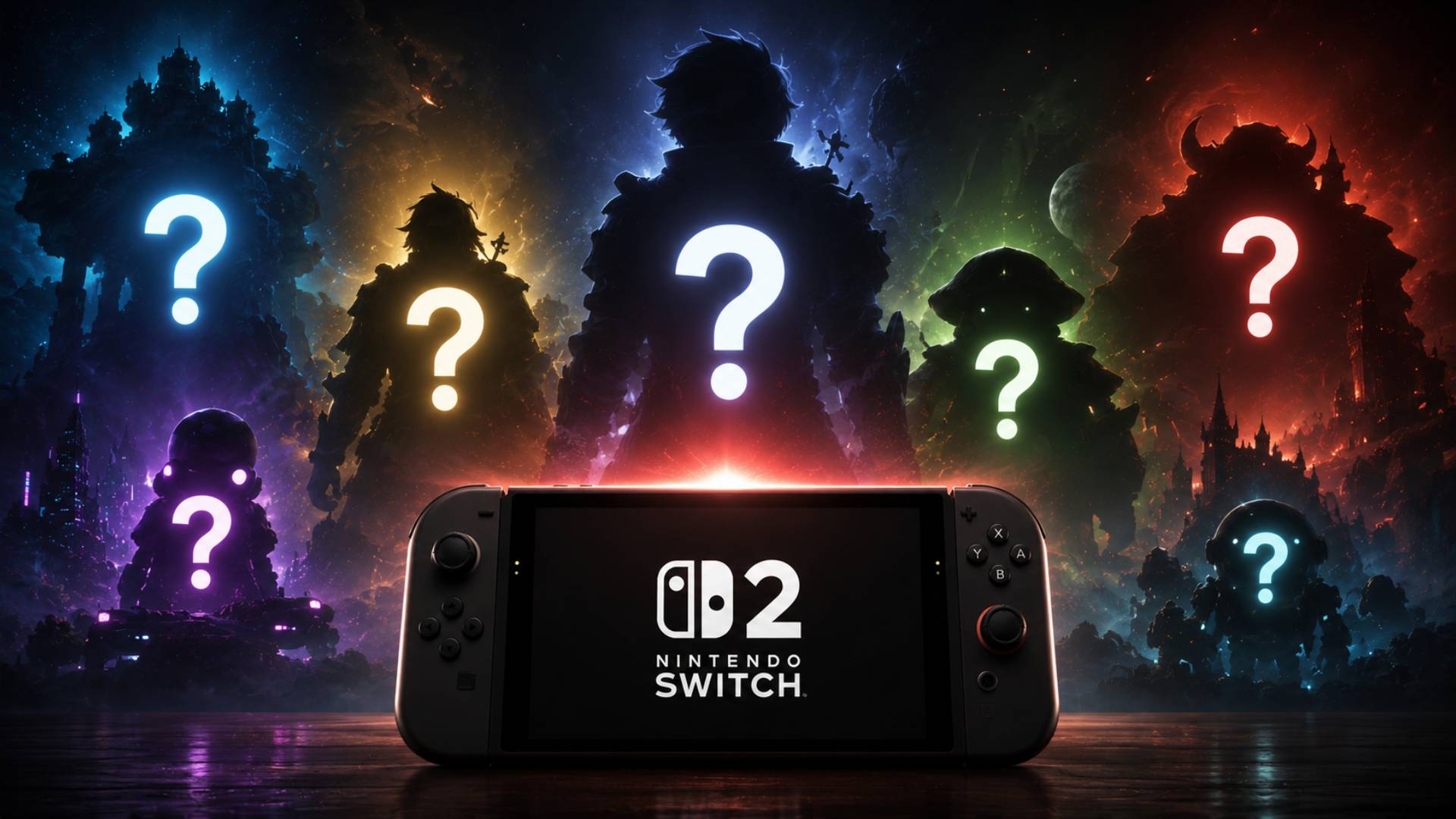 Stilisiertes Bild einer Switch-2-Konsole mit leuchtenden Fragezeichen und geheimnisvollen Silhouetten für mögliche kommende Nintendo-Spiele