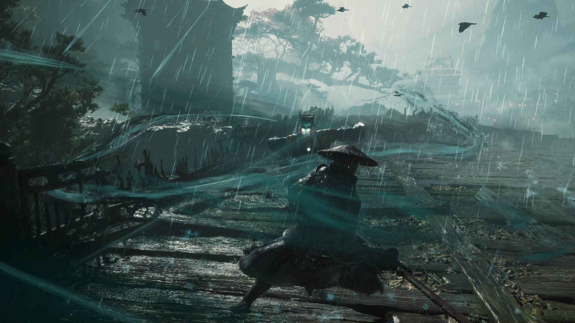 Phantom Blade Zero zeigt schnellen Schwertkampf im Regen gegen maskierten Gegner mit magischer Energie