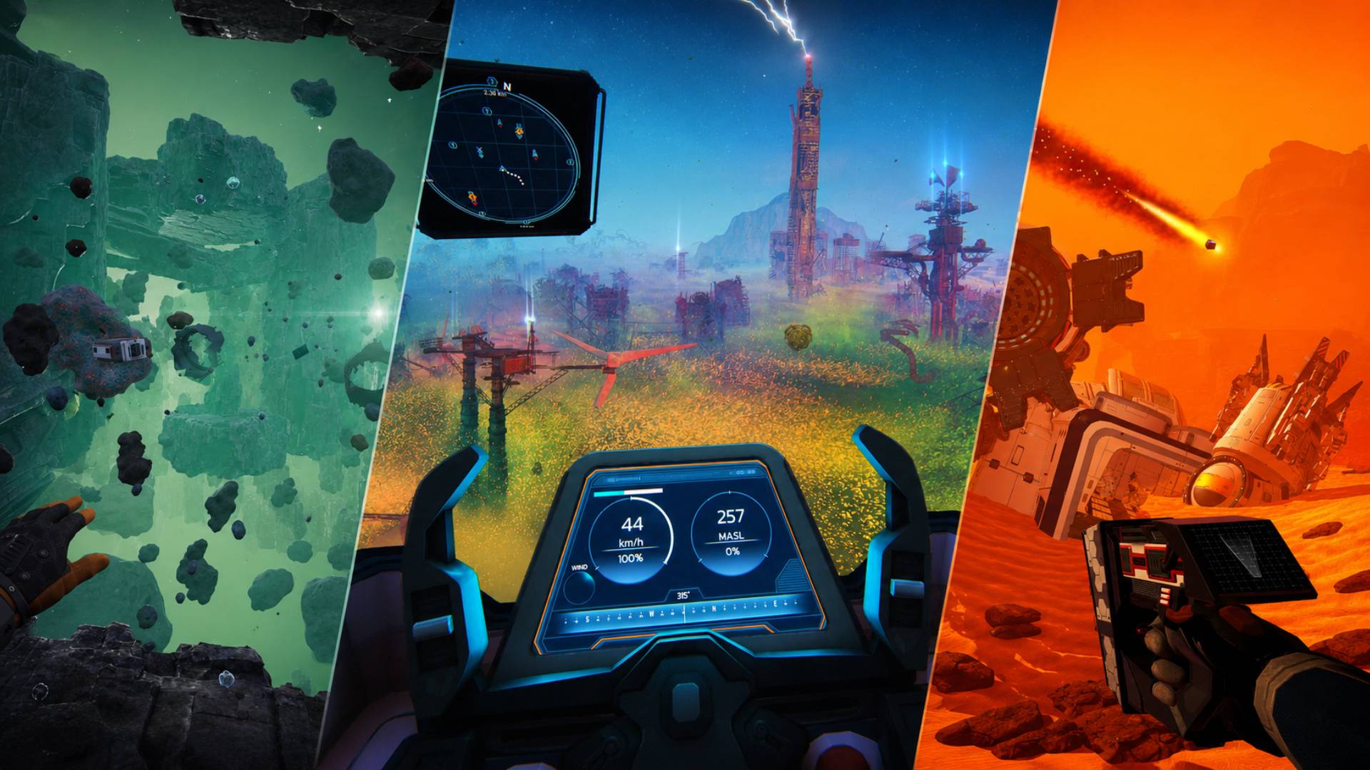 Drei Spiele wie Subnautica in einer Collage mit Weltraum-Erkundung, fremden Landschaften und Survival-Elementen
