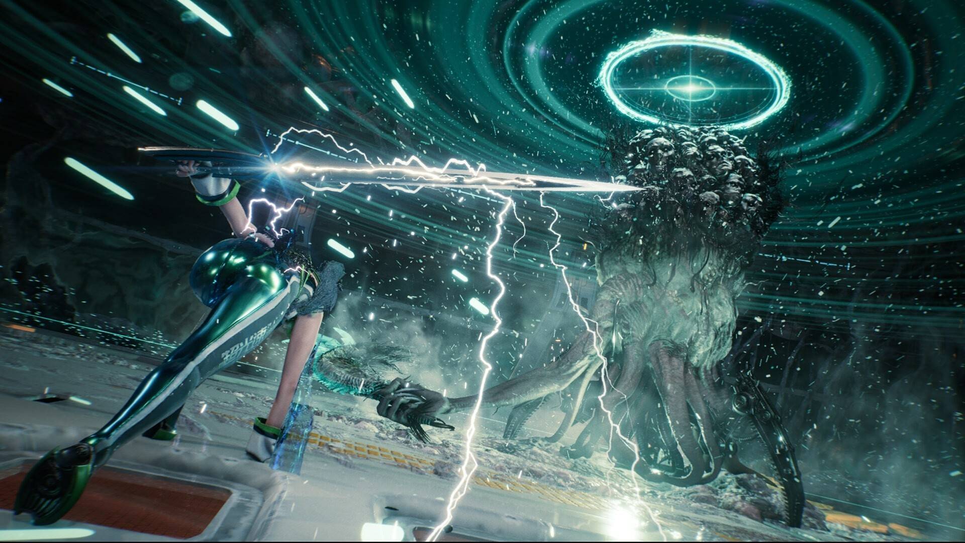 Stellar Blade zeigt rasanten Bosskampf mit futuristischer Kämpferin, Blitzen und monströsem Gegner in einer Sci-Fi-Arena