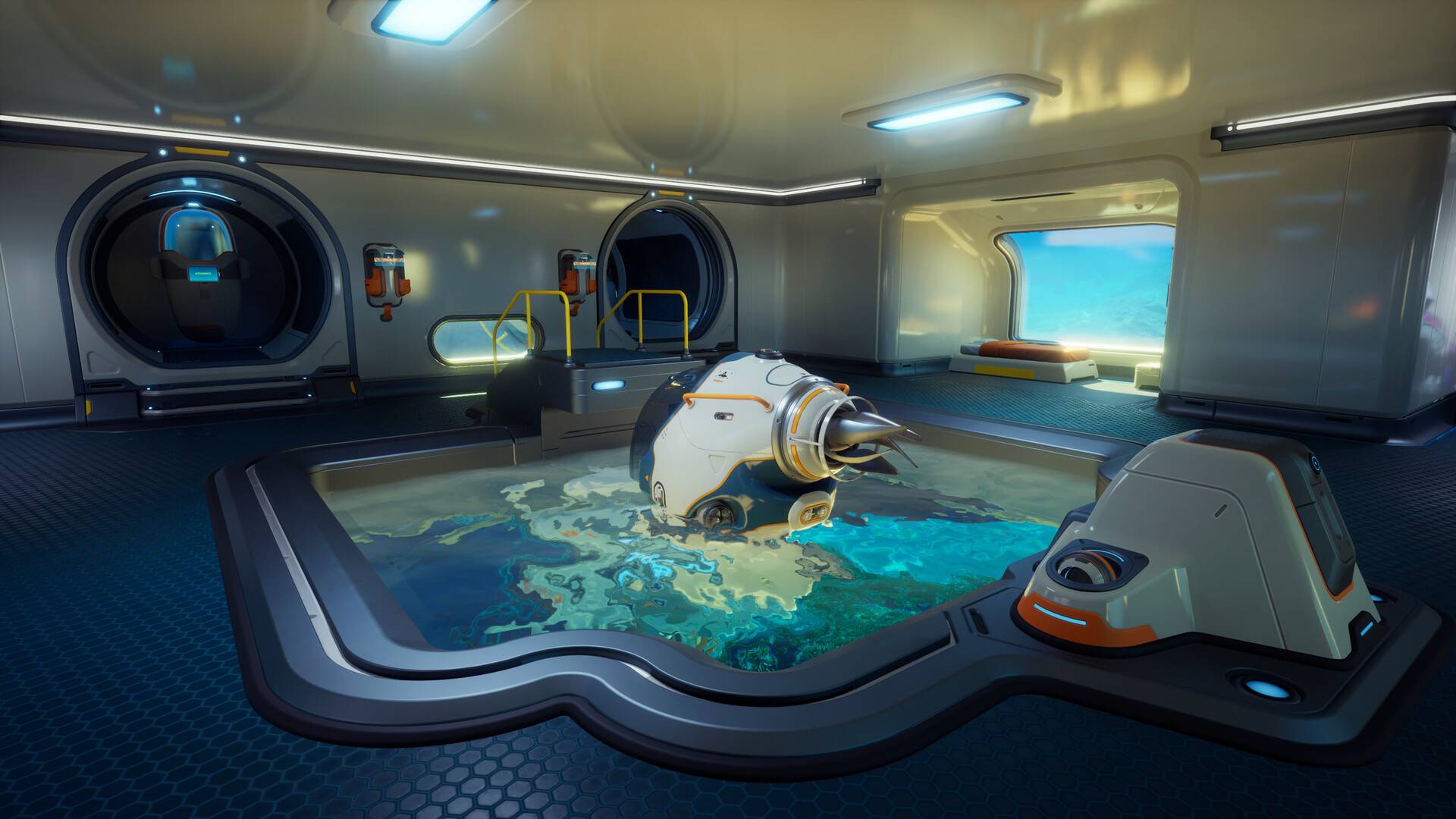 Subnautica 2 zeigt futuristische Unterwasserbasis mit Tauchmodul und Blick auf den Ozean im Hintergrund