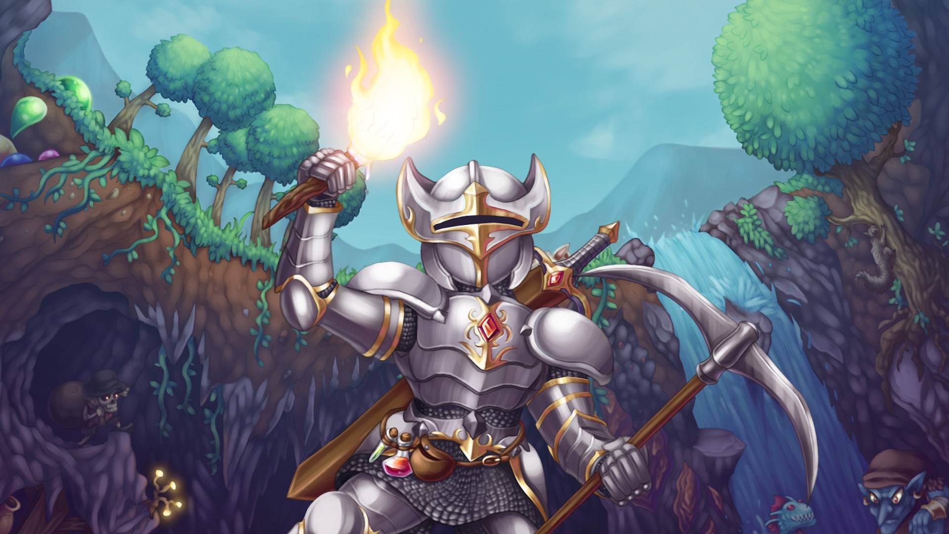 Terraria zeigt gepanzerten Ritter mit Fackel und Sense vor farbenfroher Pixel-Fantasywelt voller Höhlen und Kreaturen