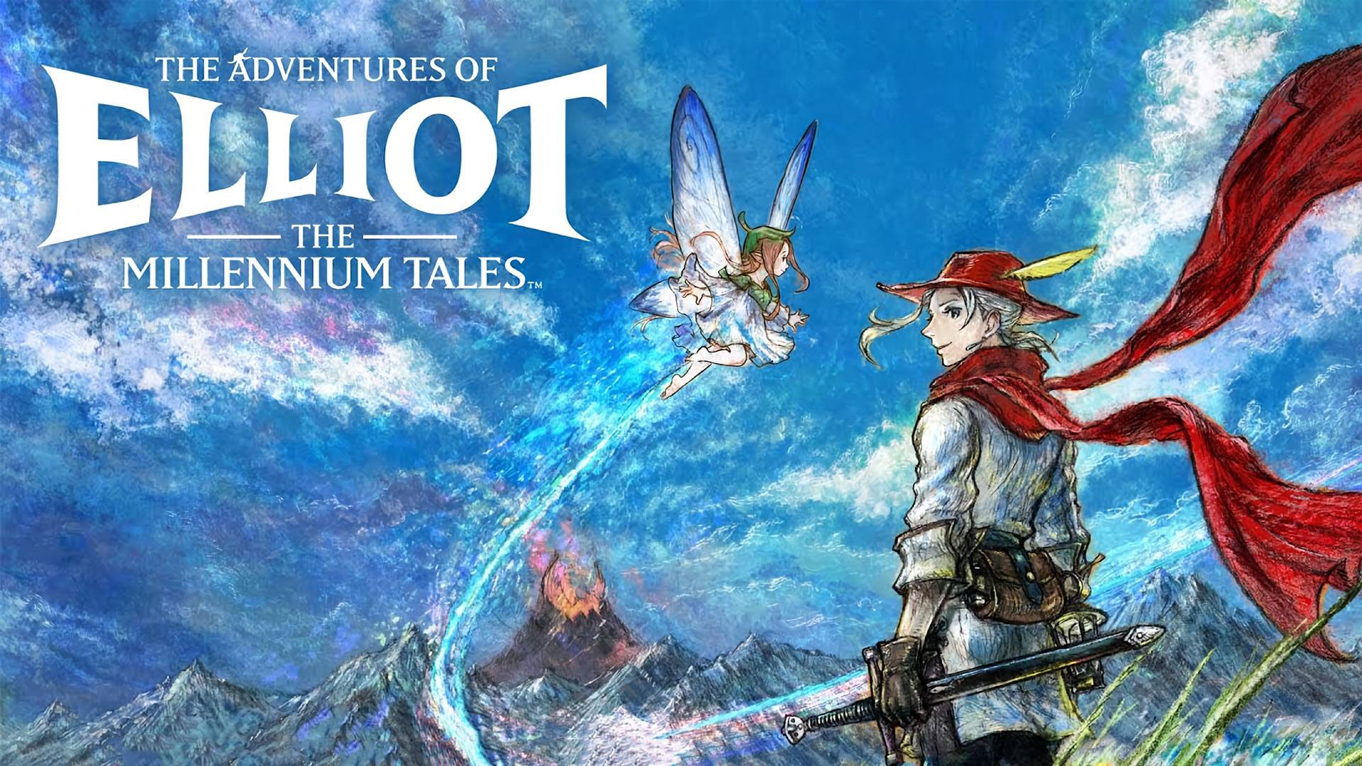 The Adventures of Elliot The Millennium Tales zeigt Elliot mit Schwert und rotem Schal vor einer weiten Fantasy-Landschaft, begleitet von einer fliegenden Fee.