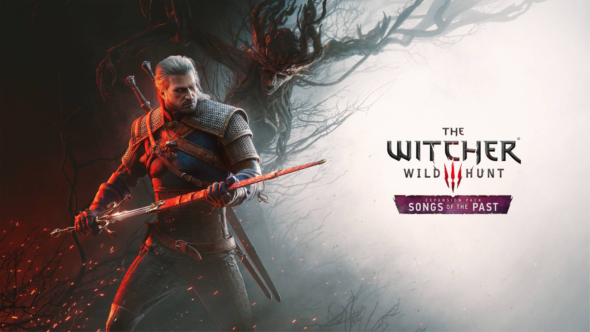 Geralt von Riva auf dem Key-Art zu The Witcher 3 Songs of the Past mit rötlicher Klinge und dunkler Kreatur im Hintergrund