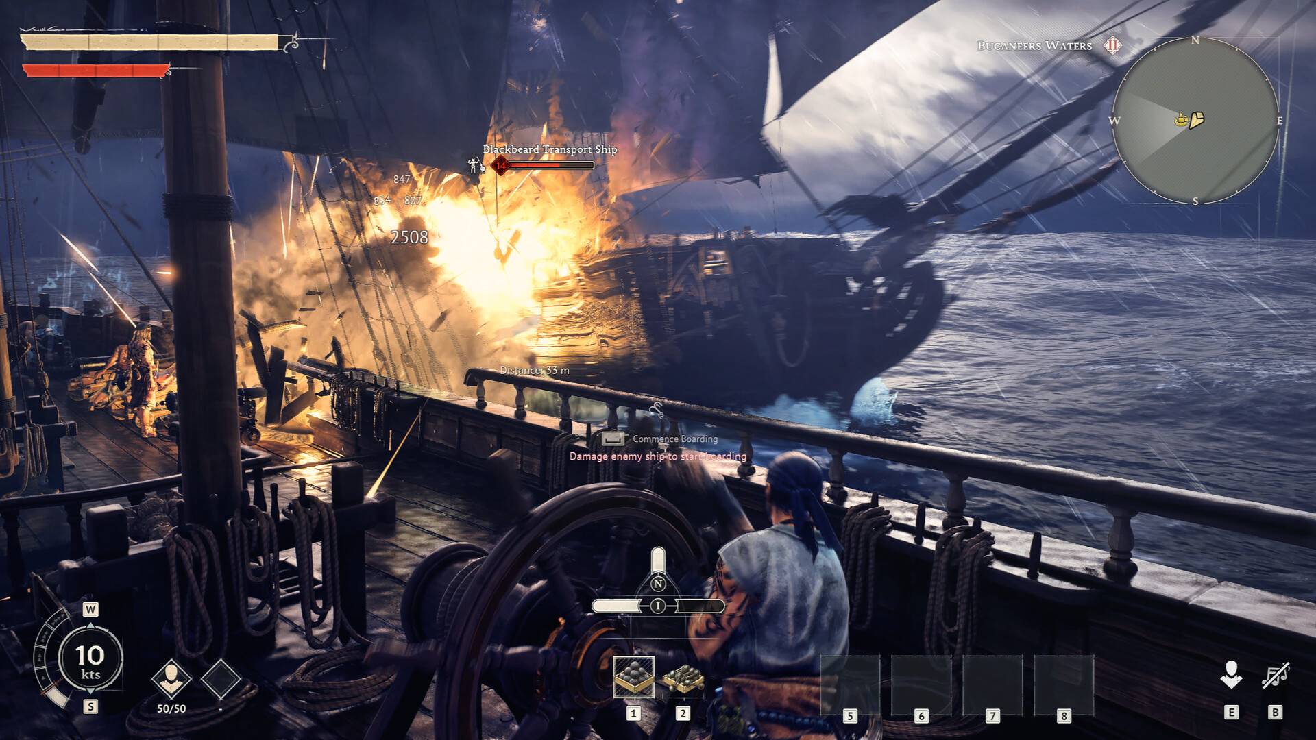 Seeschlacht-Gameplay von Windrose zeigt Kanonenbeschuss auf feindliches Schiff mit Explosion und Entermanöver auf offener See