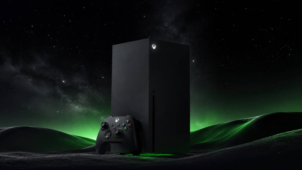 Xbox Series X vor dunklem Sternenhimmel mit grünem Lichtschein als Symbolbild für AMD FSR 4.1 und RDNA-2-Verbesserungen
