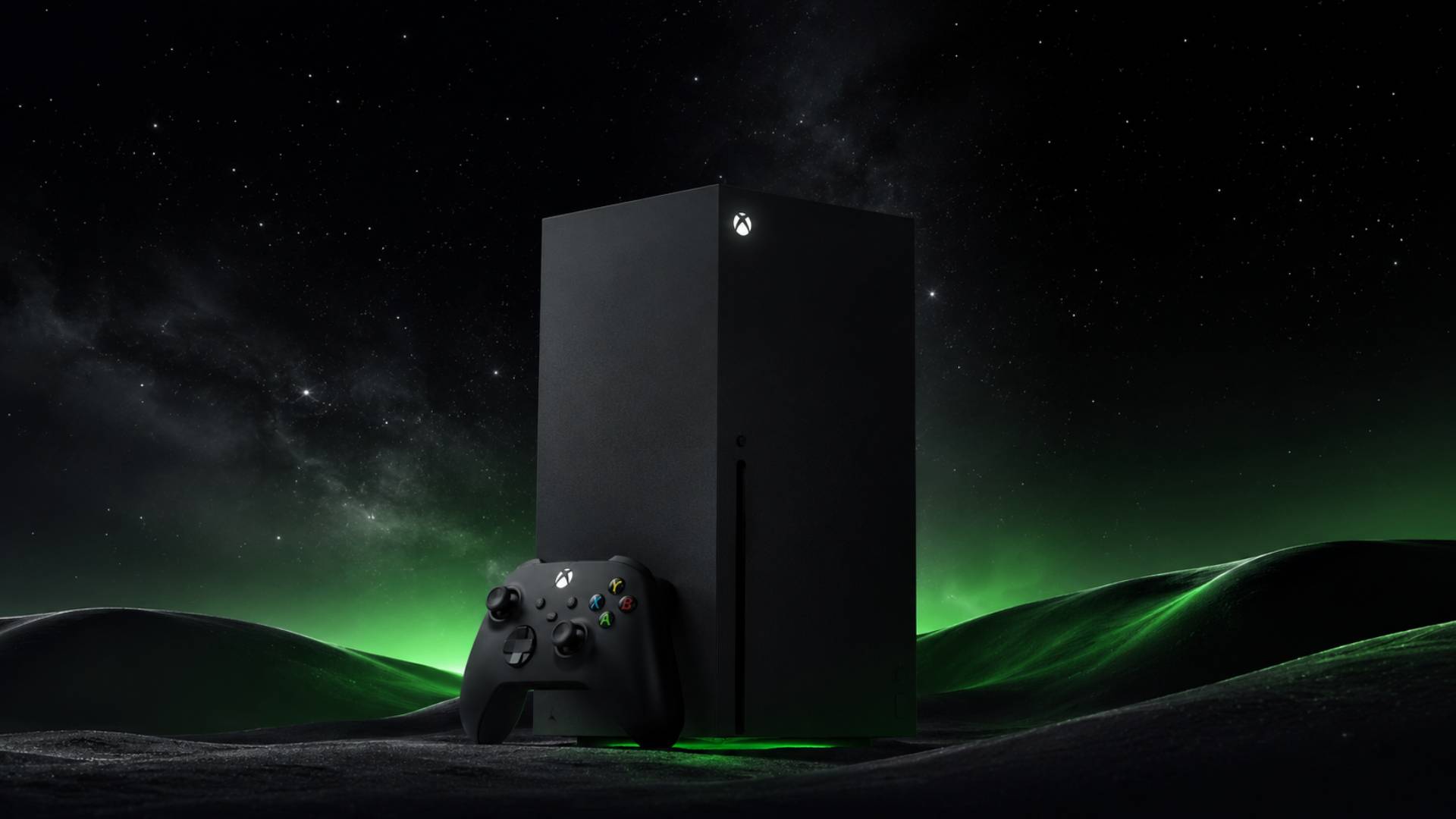 Xbox Series X vor dunklem Sternenhimmel mit grünem Lichtschein als Symbolbild für AMD FSR 4.1 und RDNA-2-Verbesserungen