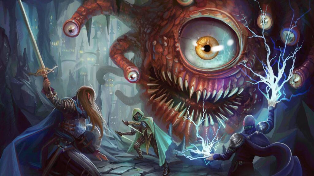 Eine Heldengruppe kämpft in Baldur’s Gate 2 gegen ein riesiges Augenmonster mit scharfen Zähnen und elektrischer Magie.
