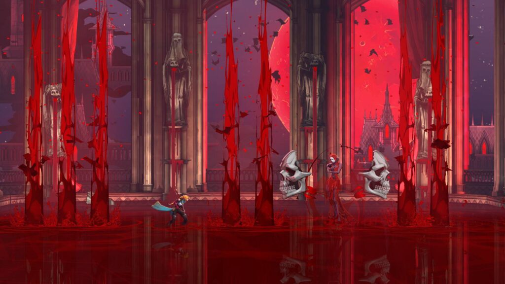 Castlevania: Belmont’s Curse zeigt eine Kampfszene in einer gotischen Kathedrale mit rotem Mond, Blutfontänen und Totenschädeln.