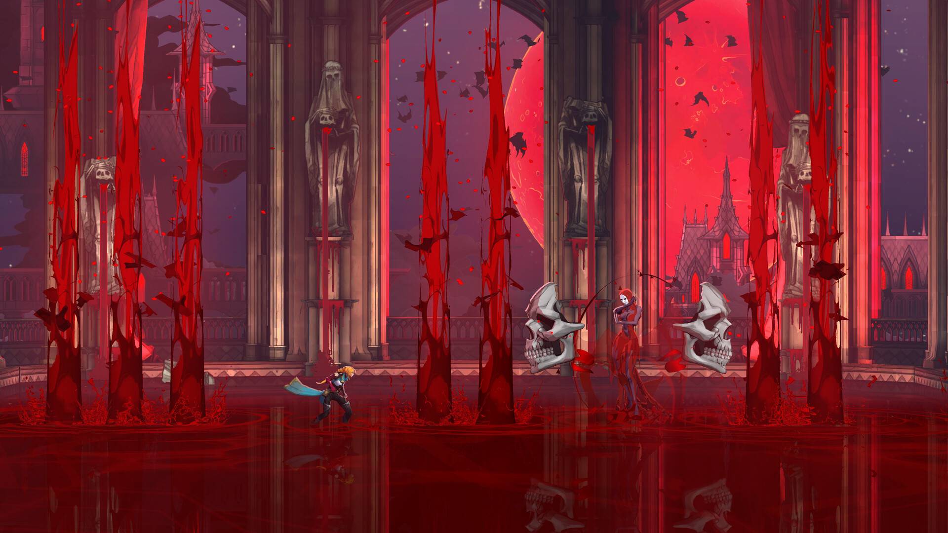 Castlevania: Belmont’s Curse zeigt eine Kampfszene in einer gotischen Kathedrale mit rotem Mond, Blutfontänen und Totenschädeln.