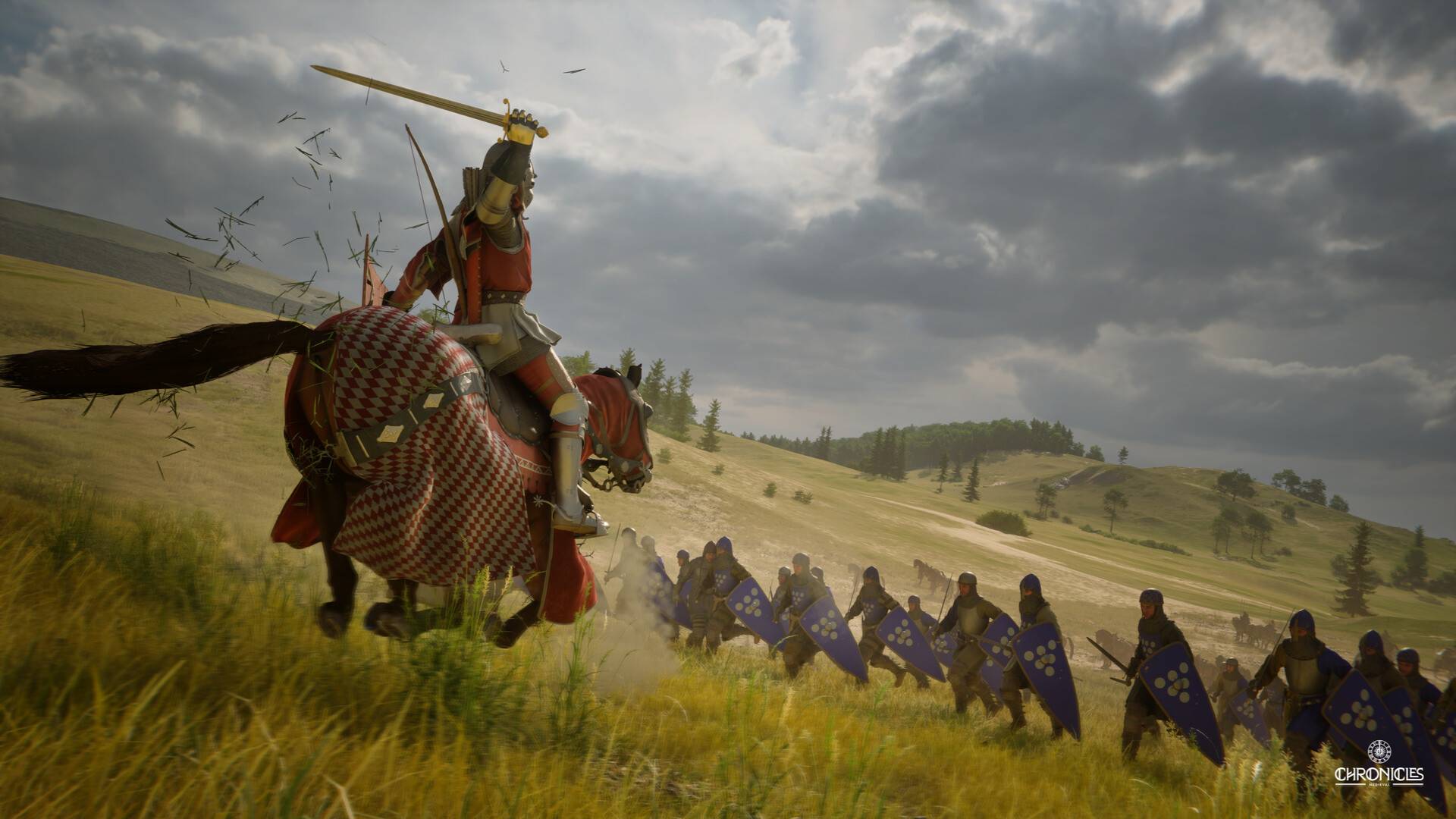 Reiter hebt in Chronicles Medieval sein Schwert, während Fußsoldaten mit Schilden über ein weites Schlachtfeld vorrücken.