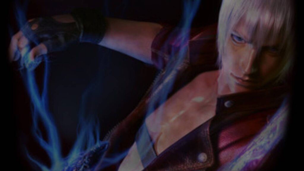 Devil May Cry zeigt Dante mit silbernem Haar, rotem Mantel und blauer dämonischer Energie in einer düsteren Nahaufnahme.