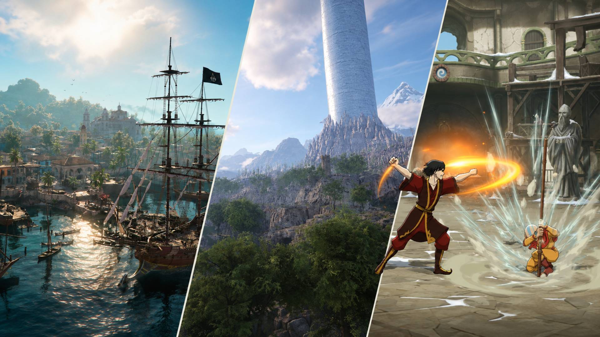 Collage im 16:9-Format mit drei Spielmotiven: links ein tropischer Hafen mit großem Segelschiff, mittig eine weite Fantasy-Landschaft mit riesigem weißem Turm und rechts eine Kampfszene aus Avatar Legends mit Feuer- und Erdattacke.