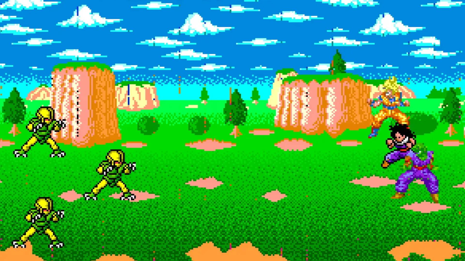 Pixel-Art-Screenshot aus Dragon Ball Z: Wish for Immortality mit mehreren Kämpfern auf einer grünen Landschaft vor Felsen und blauem Himmel.