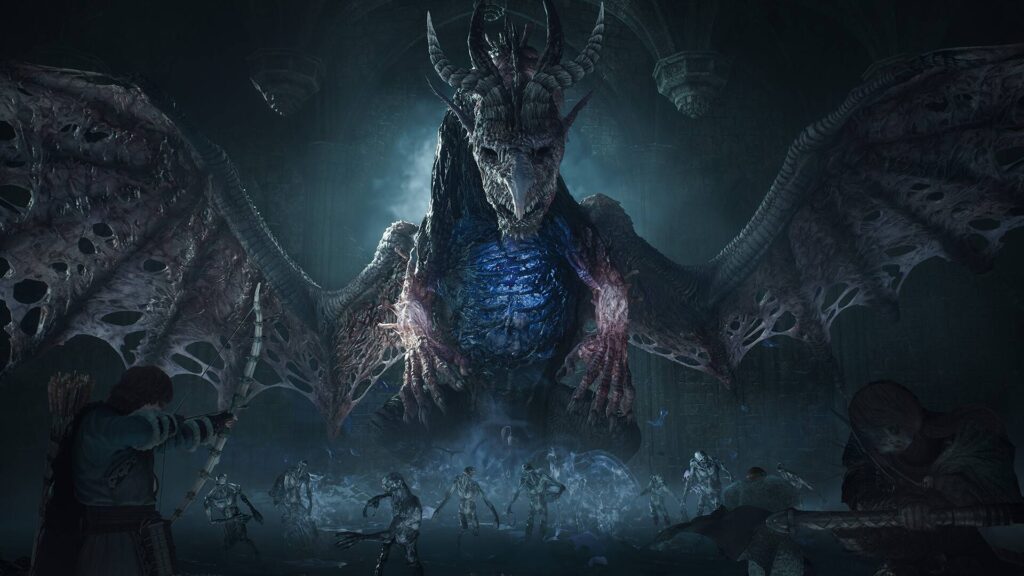 Dragon’s Dogma 2: Dark Arisen zeigt den Gefallenen Drachen in einer düsteren Halle, während Helden gegen untote Gegner kämpfen.