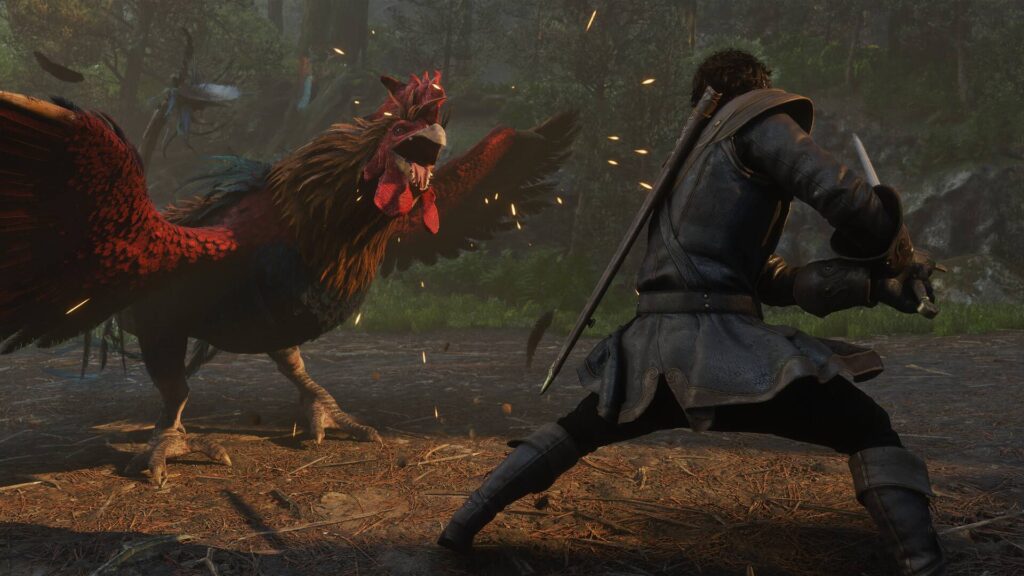 Ein Held stellt sich in Fable mit gezogener Waffe einem riesigen Hahn in einem dunklen Wald entgegen, während Funken durch die Kampfszene fliegen.