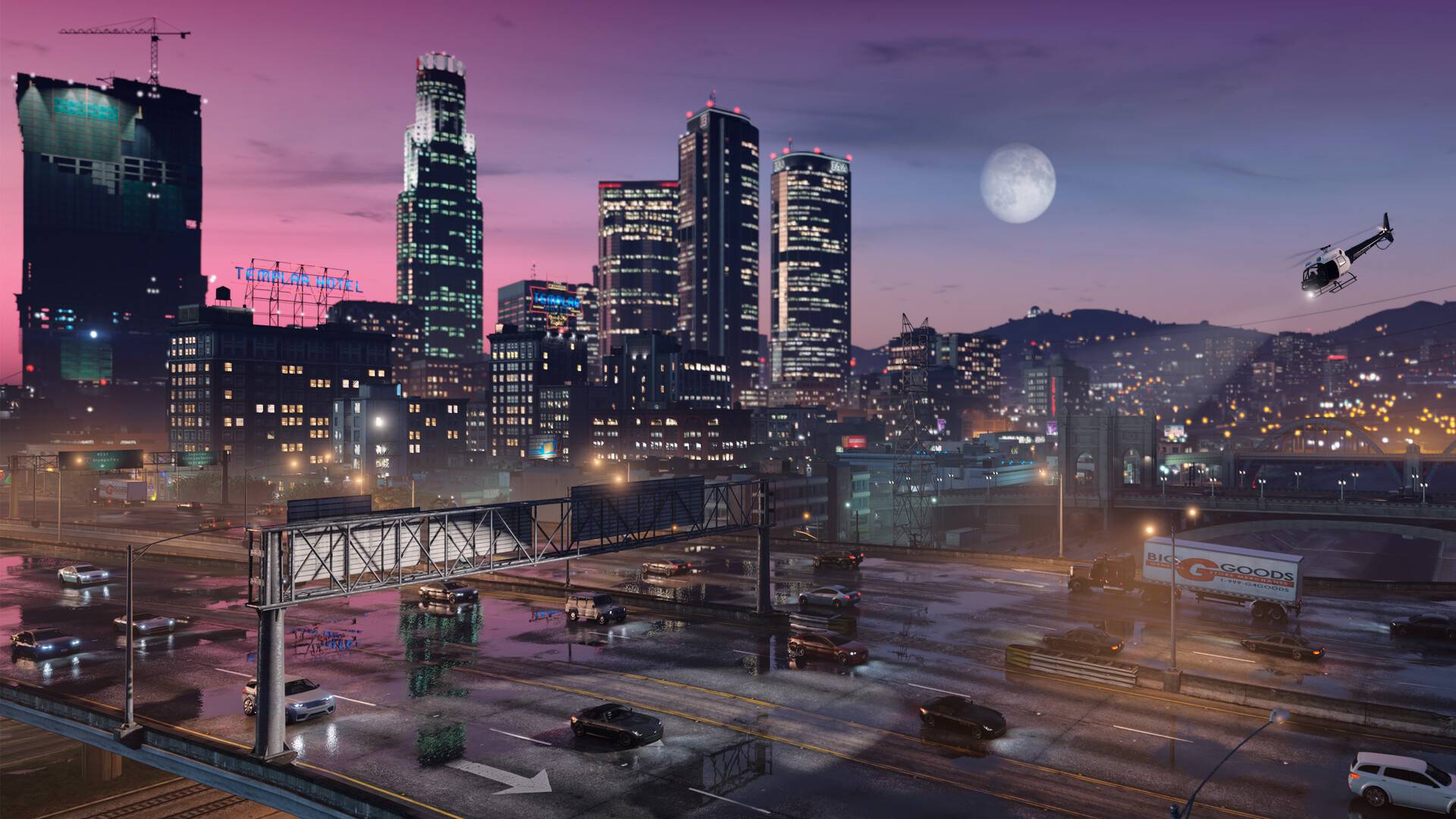 Los Santos aus GTA 5 bei Nacht mit Skyline, nasser Straße und Helikopter über der Stadt