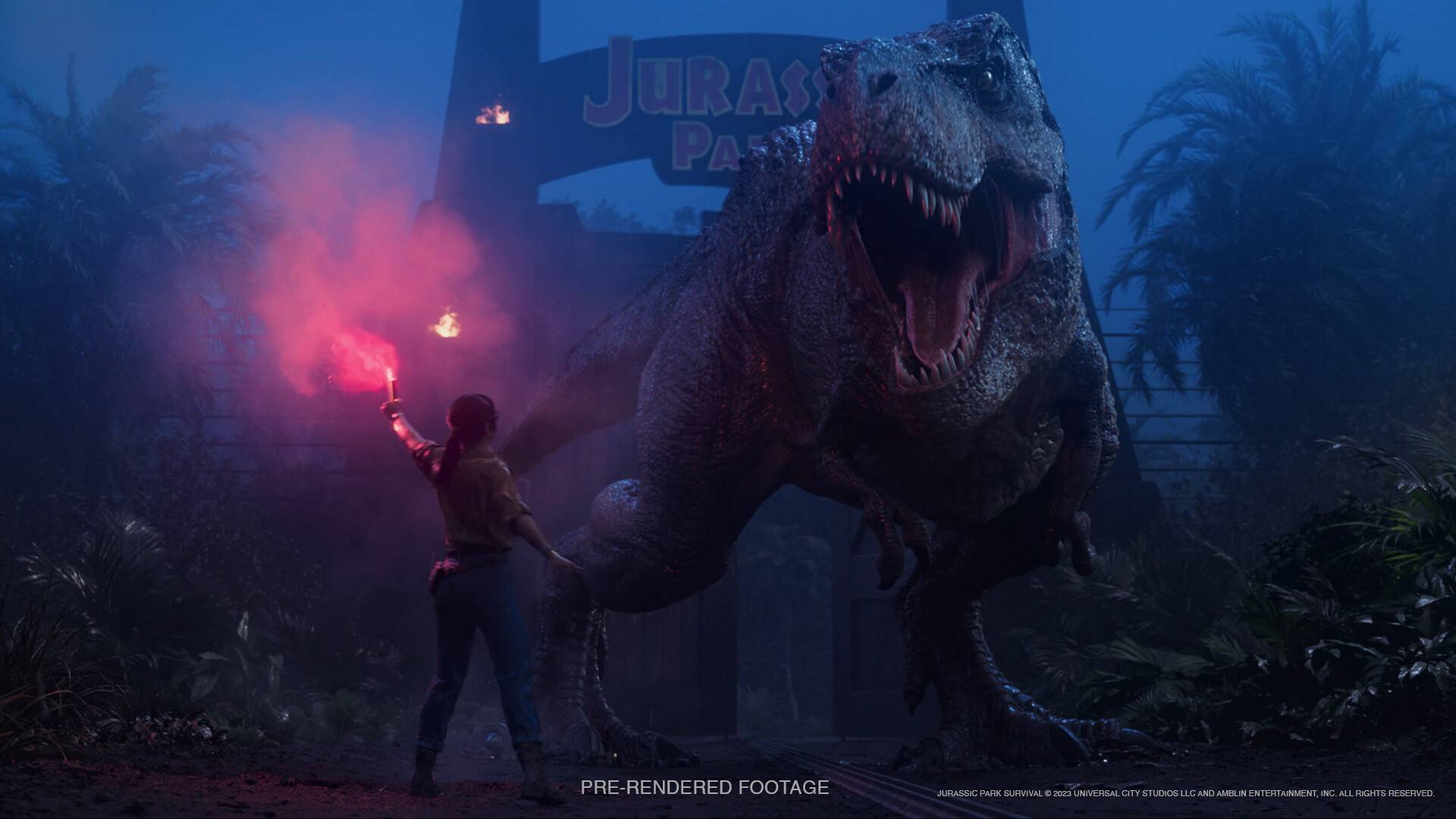 Jurassic Park Survival zeigt eine Figur mit roter Leuchtfackel vor einem brüllenden T-Rex am Eingang des Parks.