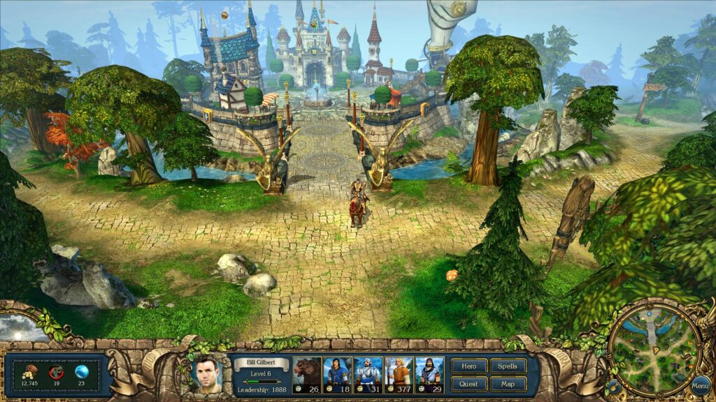 King’s Bounty: The Legend zeigt einen Helden auf einem Reittier vor einer hellen Fantasy-Stadt mit Schloss, Brücke und grüner Waldlandschaft.