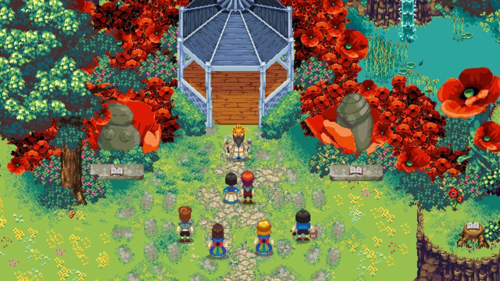 Kynseed zeigt mehrere Pixel-Figuren vor einem Gartenhaus, umgeben von roten Blumen, grünen Bäumen und einem kleinen Teich.