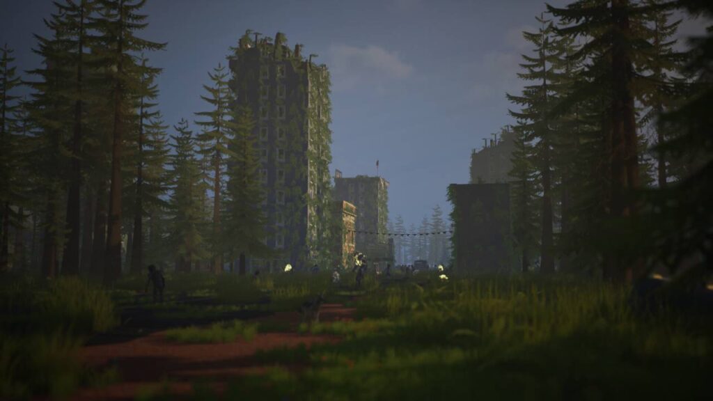 Überwucherte Stadt aus einem der besten Zombie-Spiele 2026 mit Untoten zwischen Bäumen und verlassenen Gebäuden