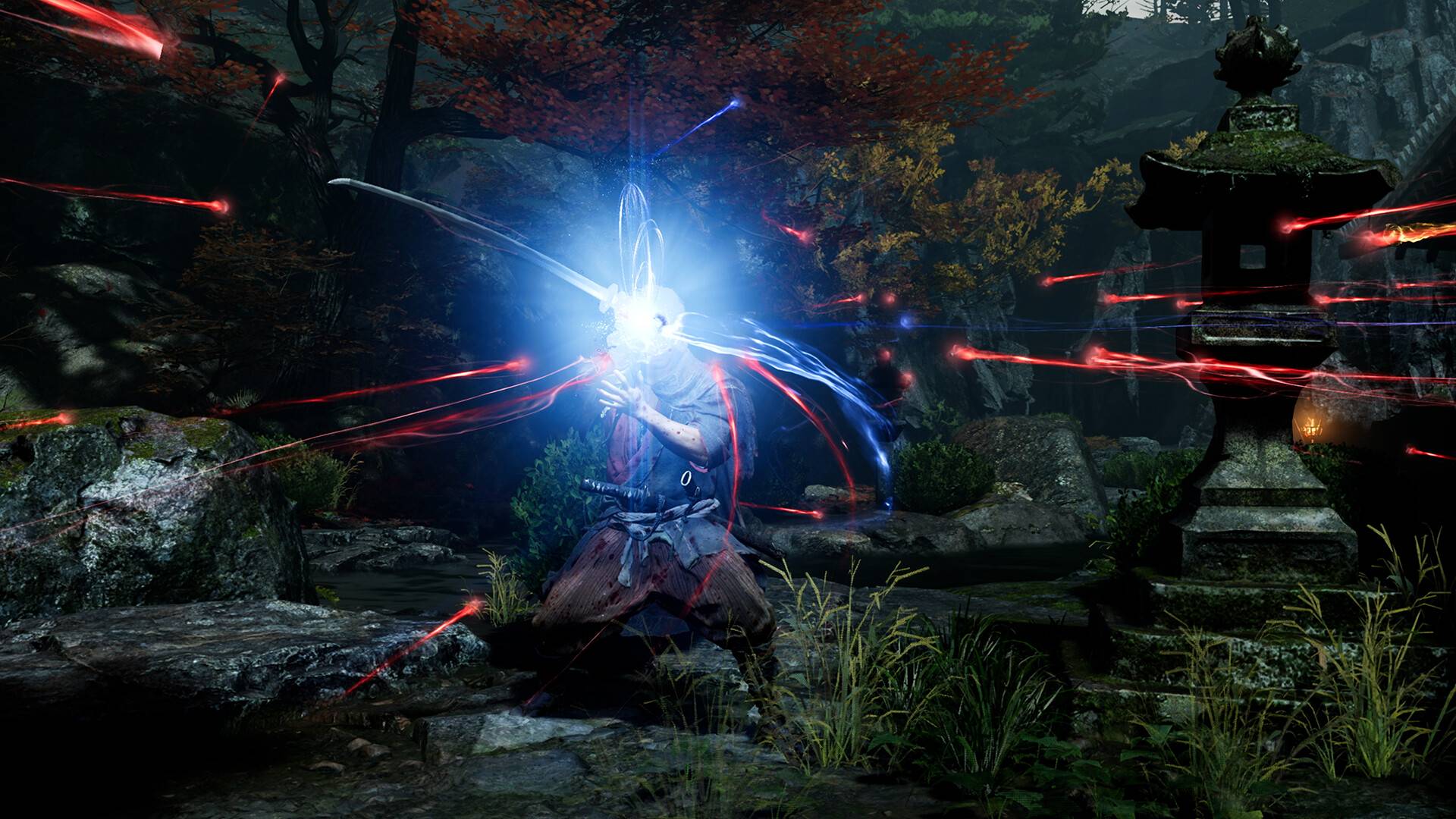 Onimusha: Way of the Sword zeigt einen Samurai in einem dunklen Tempelgarten mit leuchtenden Seelen