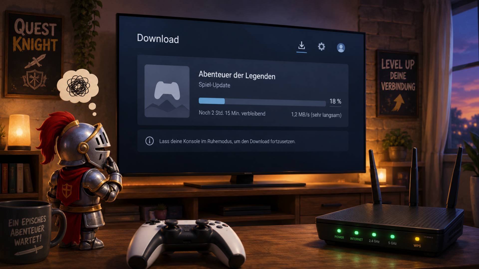 Kleiner Quest-Knight steht vor einem Bildschirm mit langsamem PS5-Download und einem Router im Vordergrund.